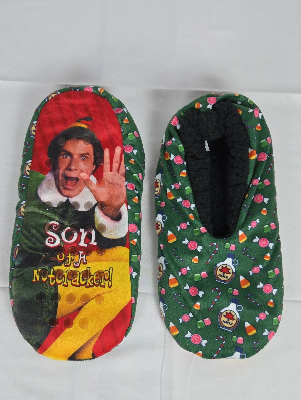 Green Elf-Themed Kids Footie Slippers